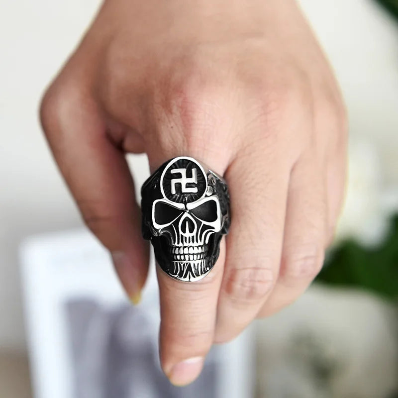 Swastika Symbol Skull Ring