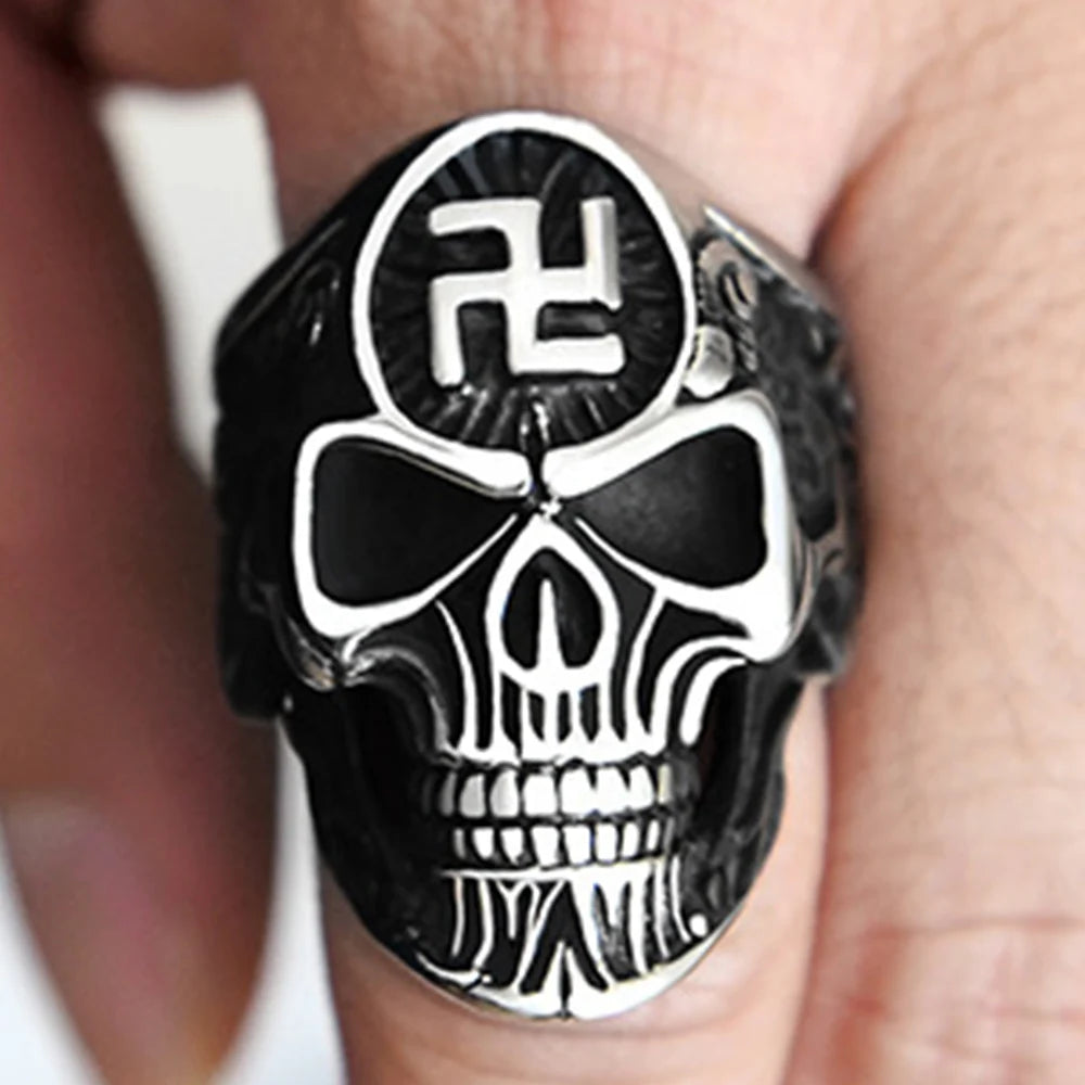 Swastika Symbol Skull Ring