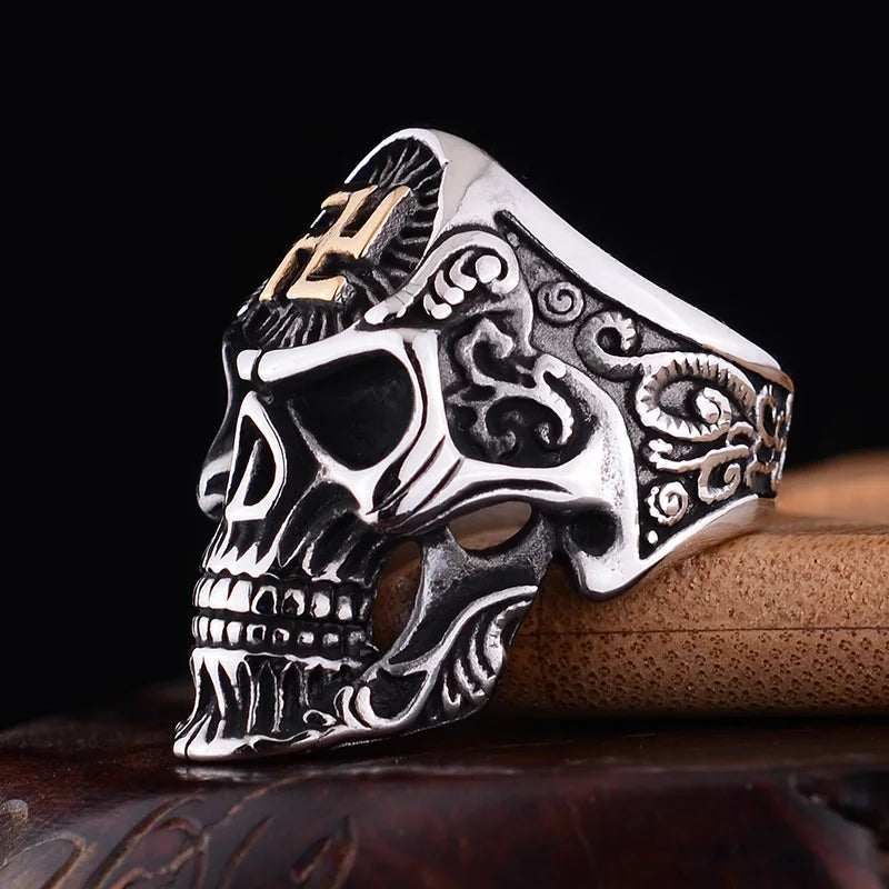 Swastika Symbol Skull Ring
