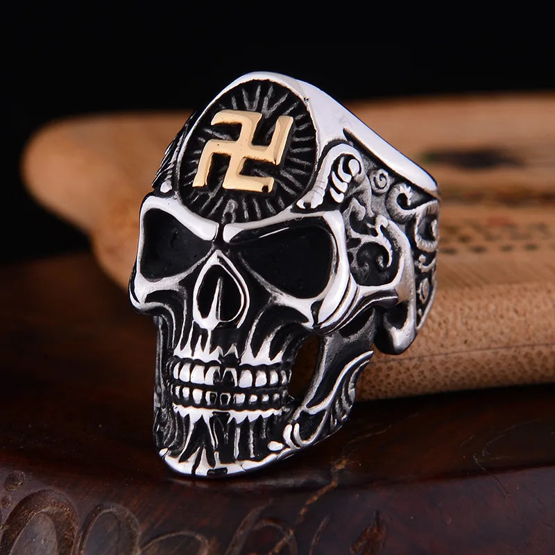 Swastika Symbol Skull Ring