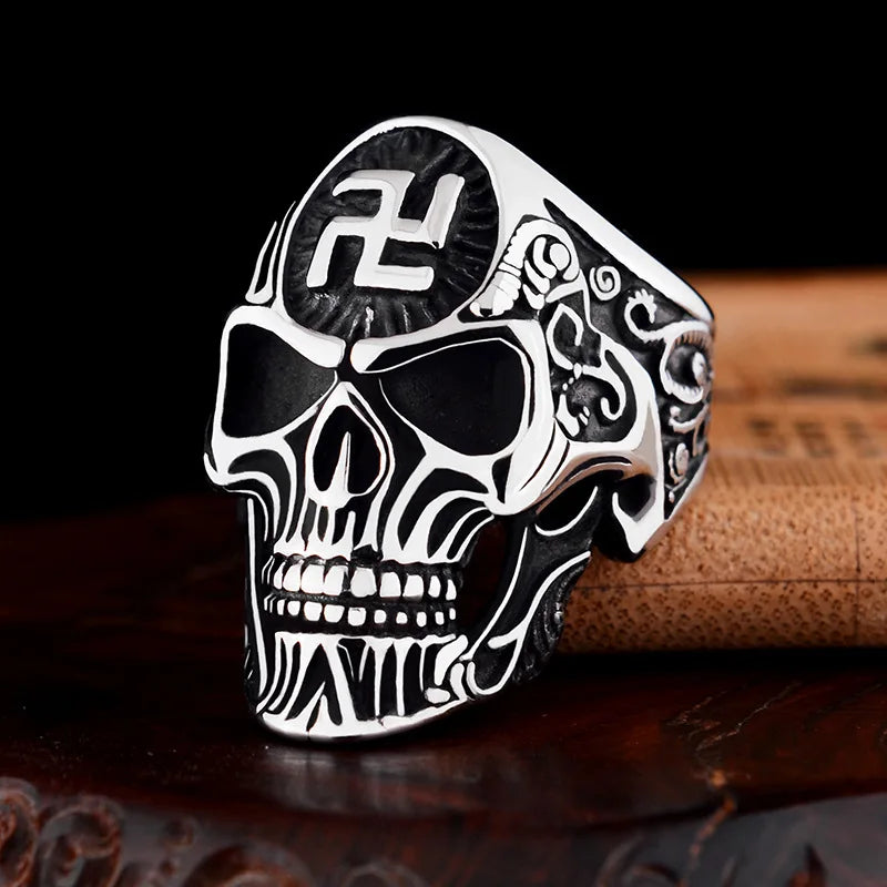 Swastika Symbol Skull Ring